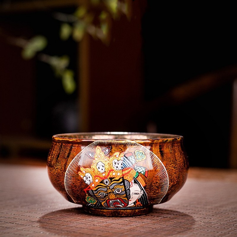 漆器高端茶具大漆手绘一念佛魔茶盏主人杯纯手工唐卡建盏茶杯礼盒