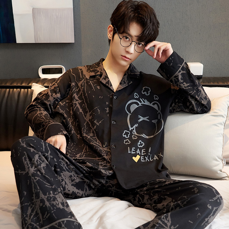 Spring and Autumn Couple Pajamas Cotton Long-Sleeved Cardigan Men's Korean-Style Ins Trendy Net Infrared Wear Women's Homewear Suit