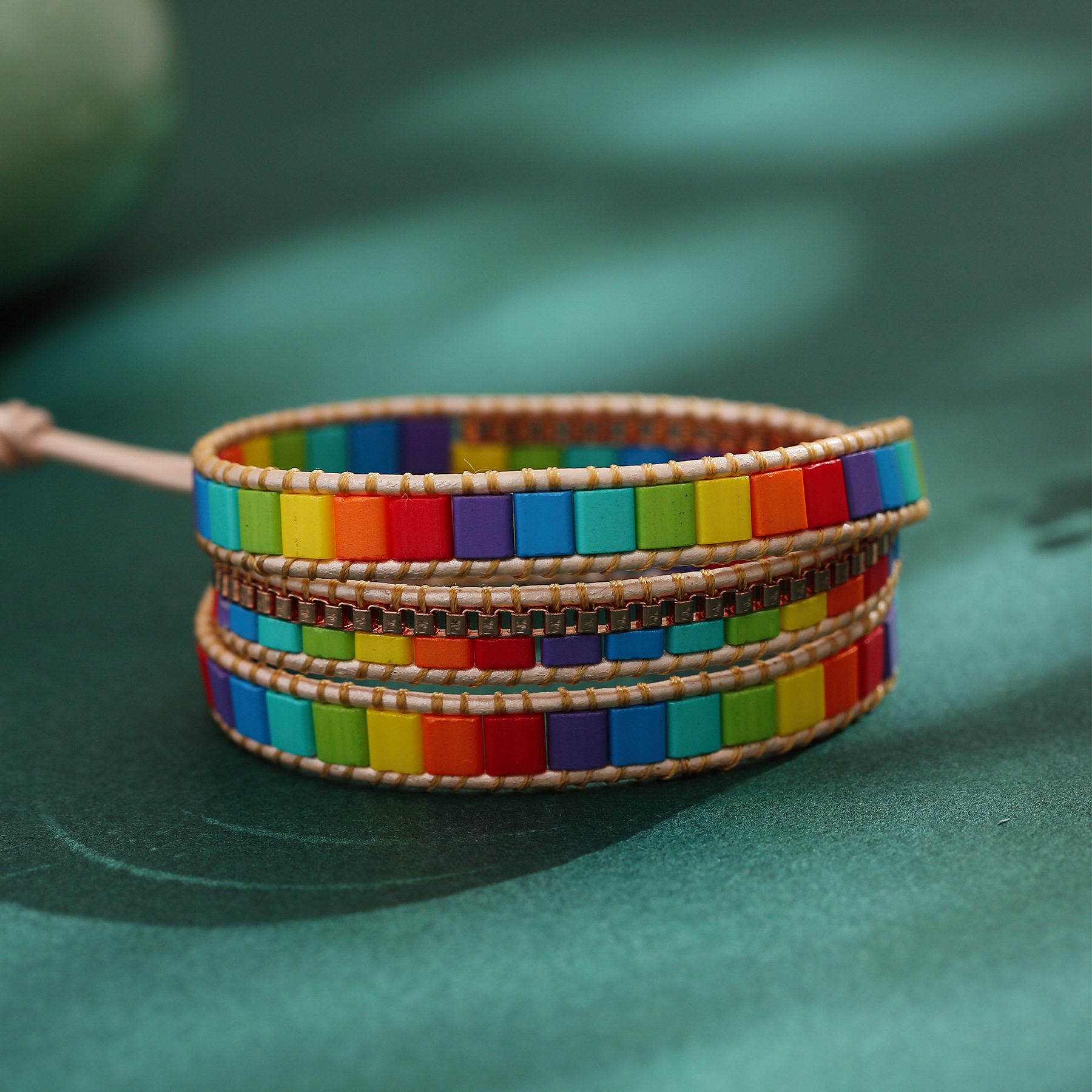 亚马逊爆款跨境饰品米珠手链 手工编织皮革波西米亚彩虹珠手饰