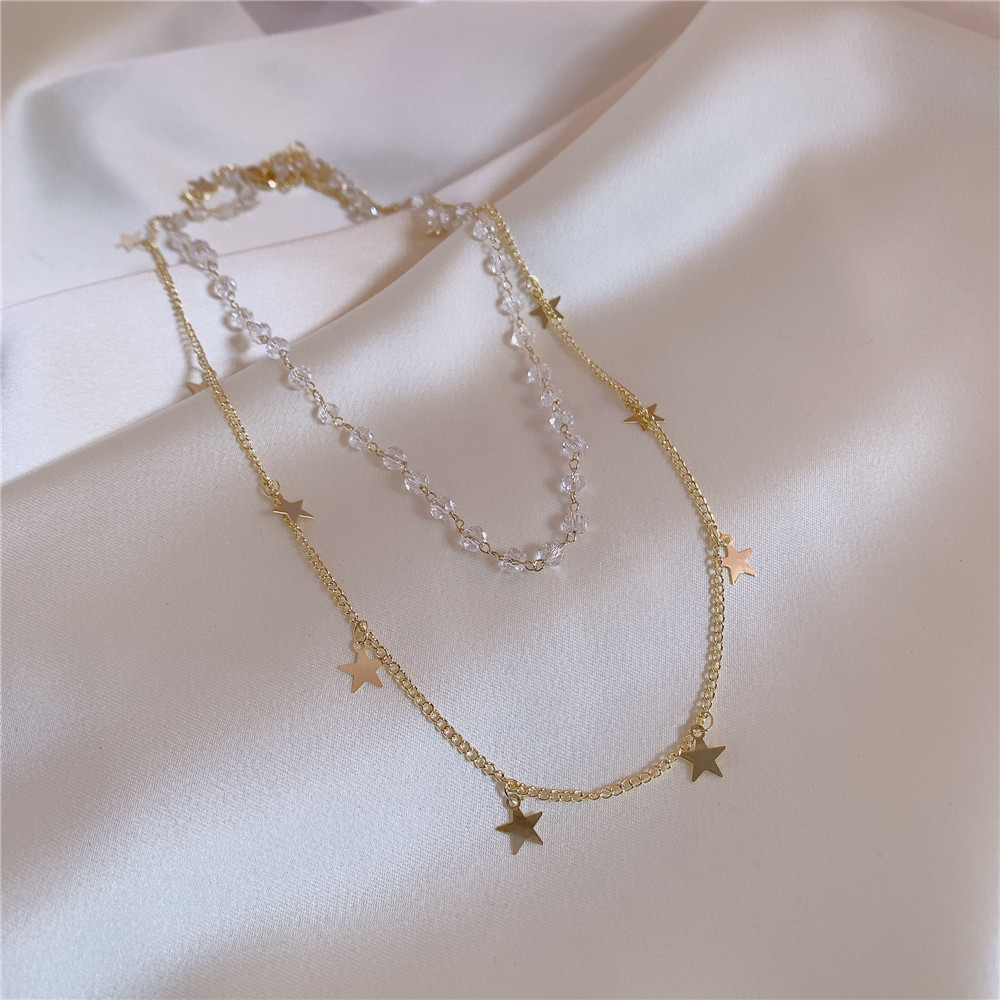 韩国chic小众满天星项链双层星星吊坠锁骨链气质水晶颈链短项链