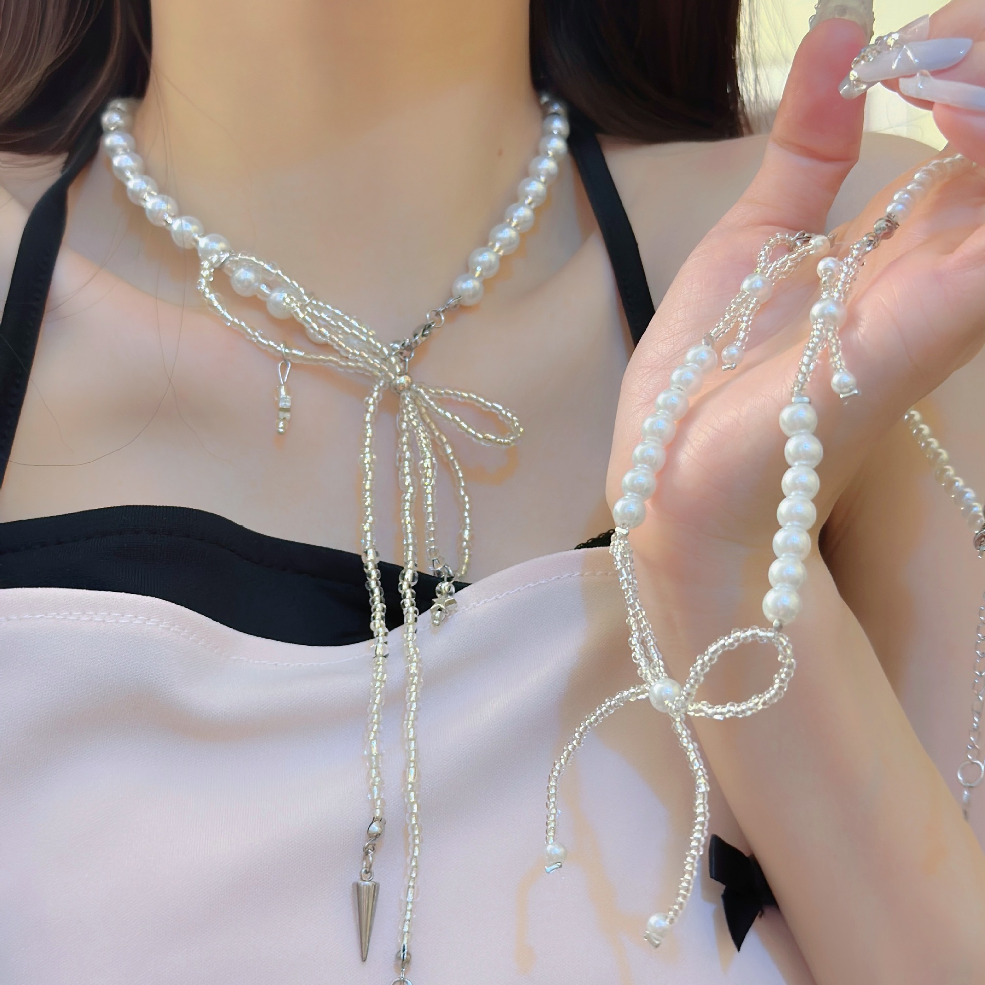优雅ins风水晶串珠蝴蝶结珍珠锁骨链女少女心甜妹芭蕾风百搭项链