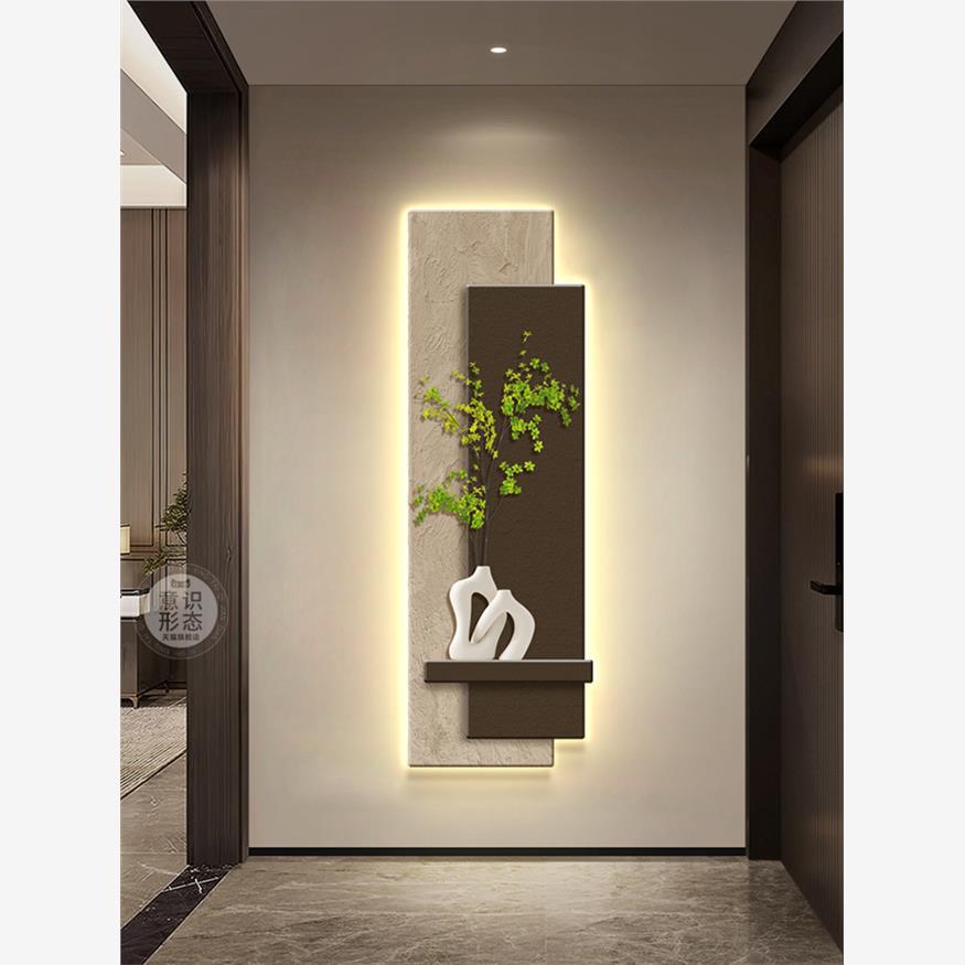 玄关装饰画led带灯绿植走廊过道壁画立体感入户正对门挂