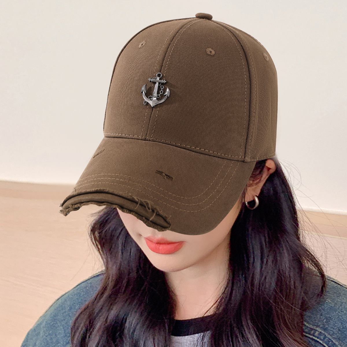 春秋韩系帽子女船锚时尚百搭鸭舌帽男夏季防晒破洞复古网红棒球帽