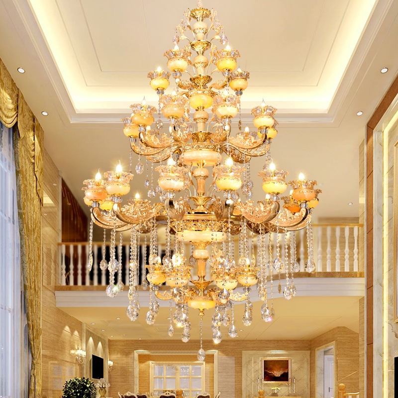 别墅复式楼客厅大吊灯欧式楼中楼挑空大厅天然黄龙玉石水晶灯具