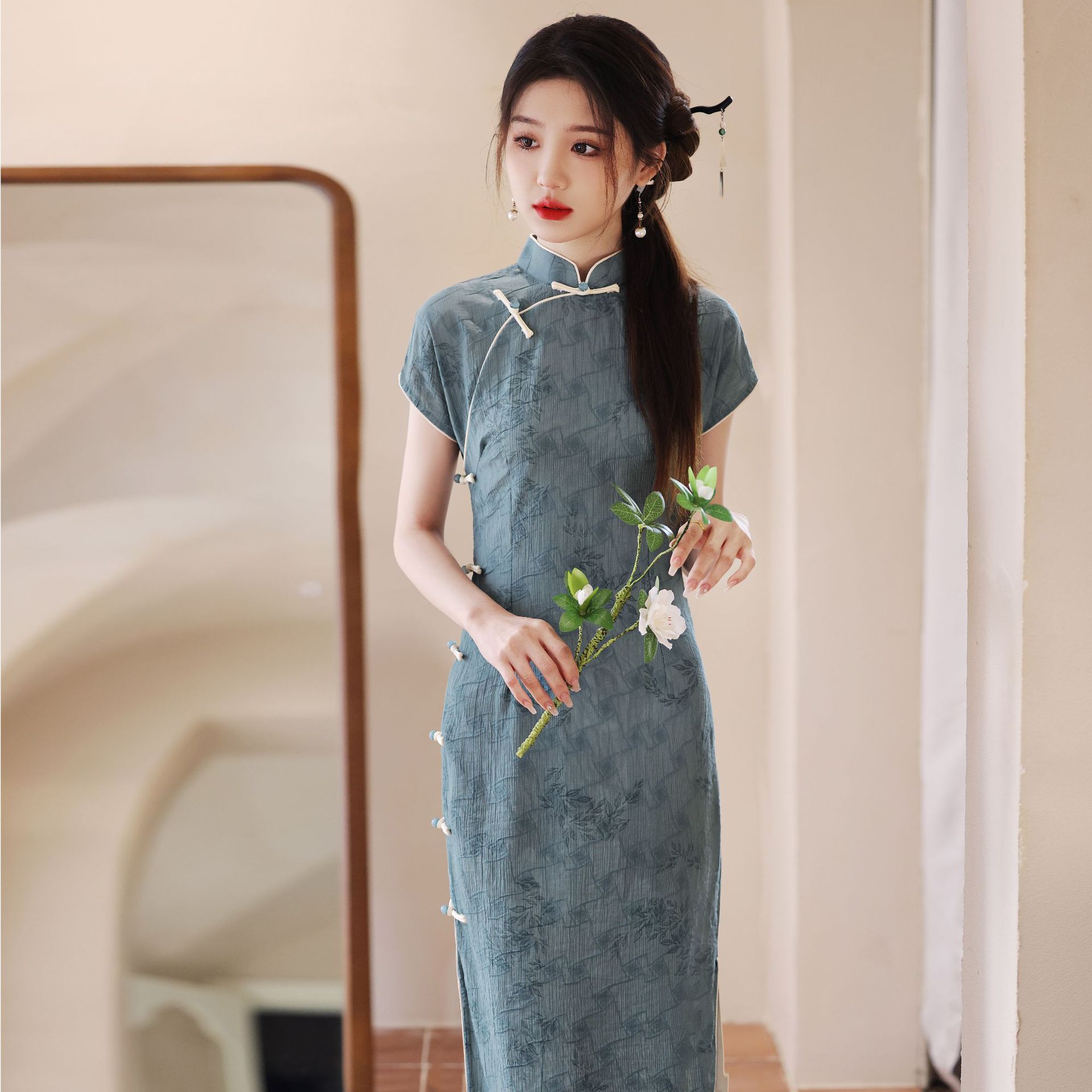 复古旗袍2024春夏新款连肩袖长款深色旗袍民国风婉约气质日常可穿