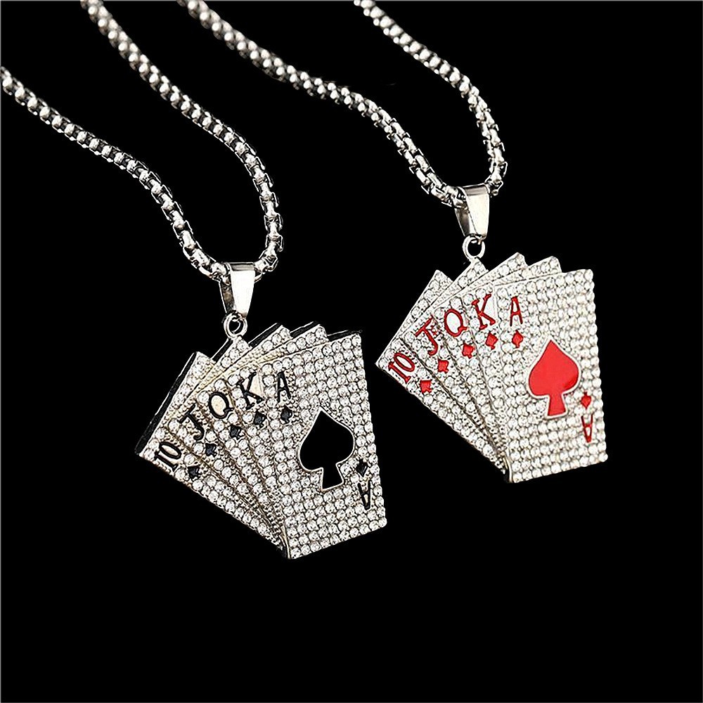 european hip hop retro diamonds tonghua shun pendant sweater chain men‘s fashion personality couple playing card necklace factory wholesale