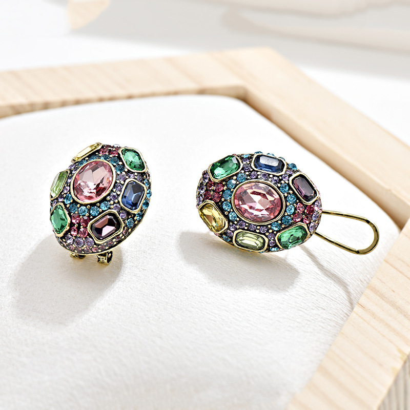 vintage中古椭圆形水晶满钻耳钉法式复古轻奢打标满钻耳环耳钉夹