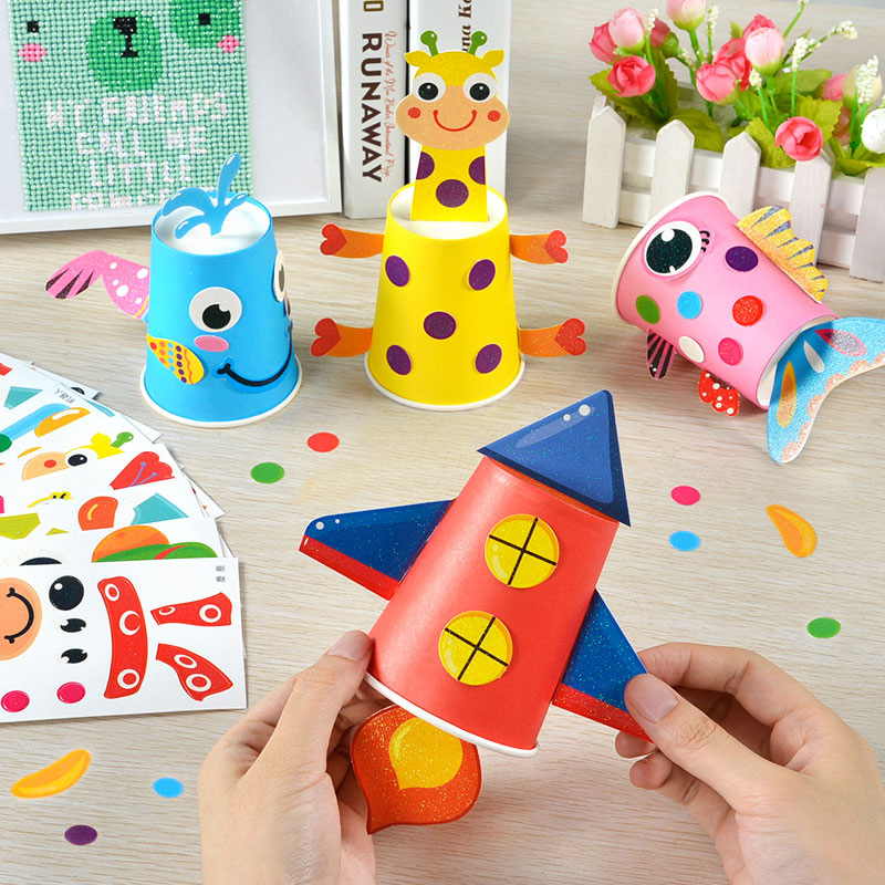 儿童手工制作材料包diy益智不织布幼儿园美工区创意纸杯盘子贴画