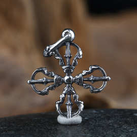 s925银 藏传十字金刚杵降魔杵吊坠 复古项链男士潮霸气挂坠