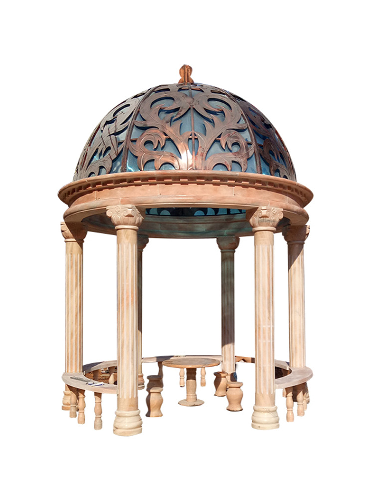 新款石雕凉亭黄锈石欧式石雕亭子长廊别墅景观装饰雕刻厂家定制