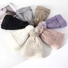 帽子女冬季新款麻花外贸针织帽纯色保暖毛球毛线帽加绒保暖帽
