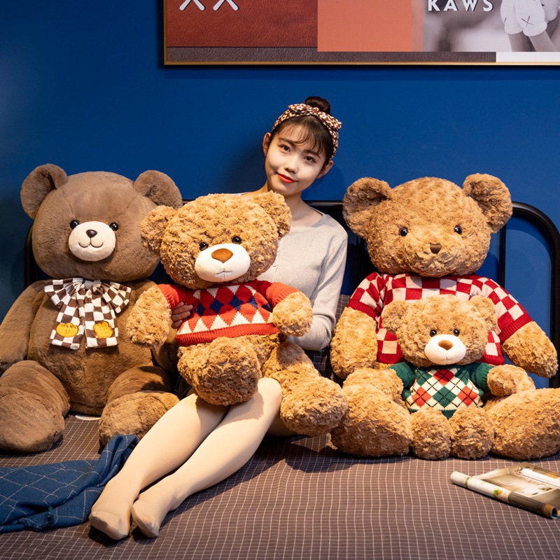 新款棋盘格毛衣泰迪熊玩偶情人节毛绒玩具儿童生日礼物小熊公仔