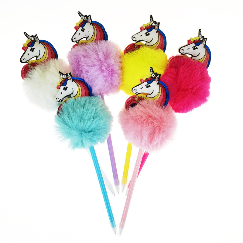 Unicorn 16 Cute Hairy Ball Rainbow Horse Plush Ballpoint Pen Gift Advertising Creative Learning Gift Pen
