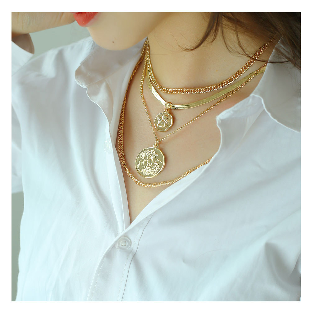 欧美跨境饰品 个性创意合金圆牌人头像吊坠蛇骨链多层项链 17860