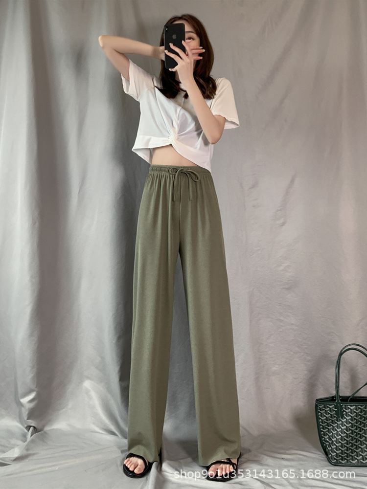 Ice Silk Wide-Leg Pants Women's Summer 2021 New High Waist Drooping Loose Straight Thin Casual Slimming Pendant Mop Pants