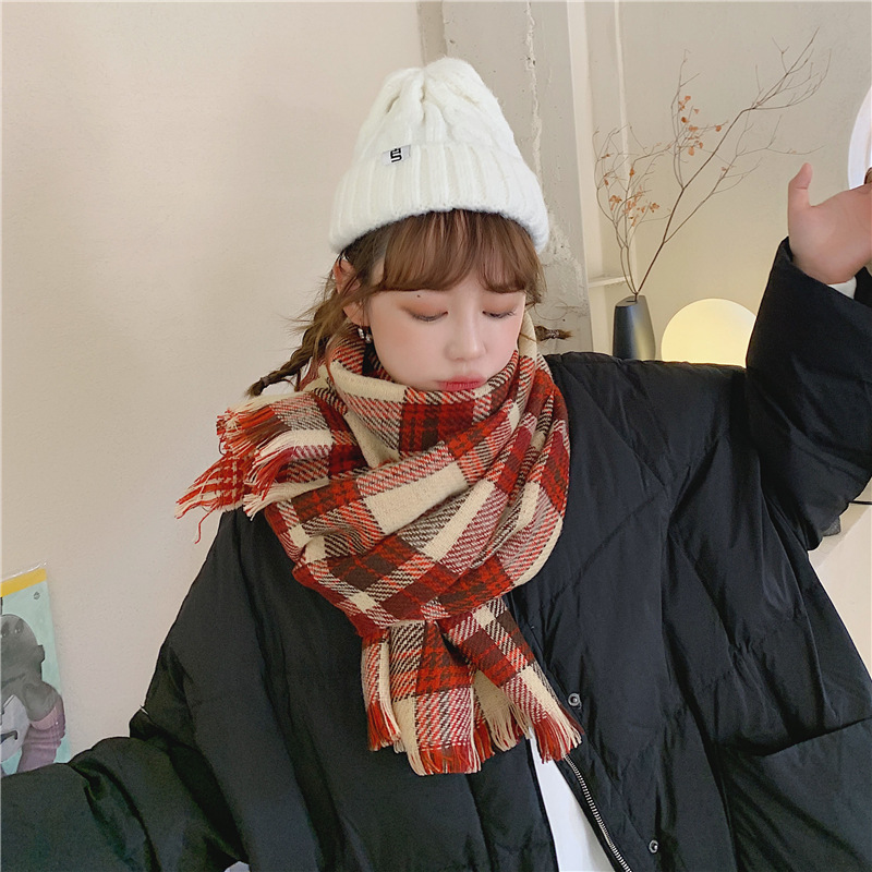 2023 New British Style Harajuku Plaid Scarf Female Autumn and Winter Student Thickened All-Matching Scarf Trendy Shawl Dual-Use