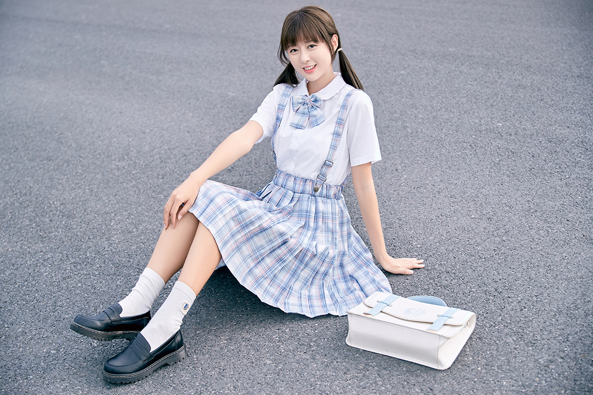 日系小清新 新款jk背带衬衣百褶裙俩件套制服裙套装批发27314