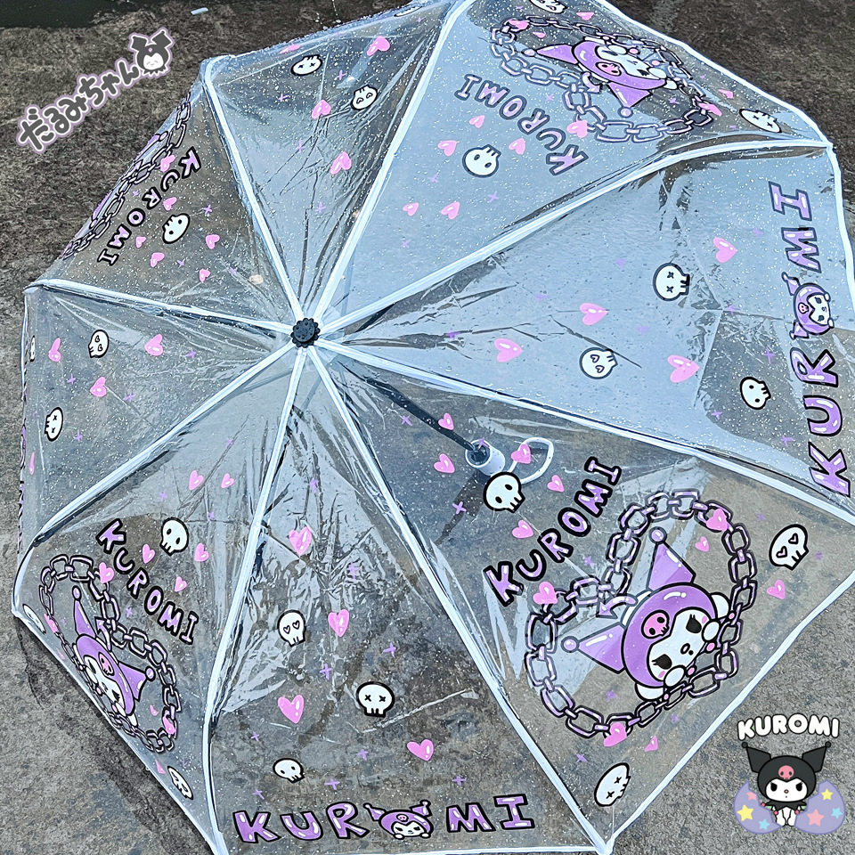 Japanese Style Soft Girl Two-Dimensional Automatic Internet Celebrity Kuromi Transparent Umbrella Kuromi Cartoon Extra Thick Foldable and Portable