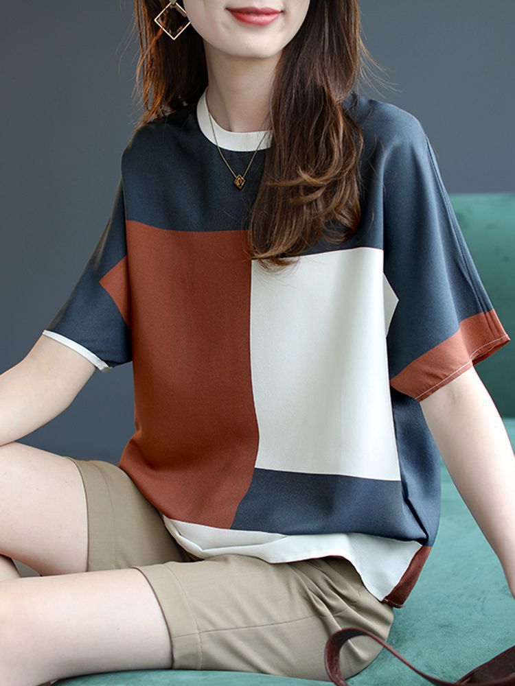 批发欧货2022夏装新款大码胖mm宽松拼接t恤女显瘦休闲上衣短袖
