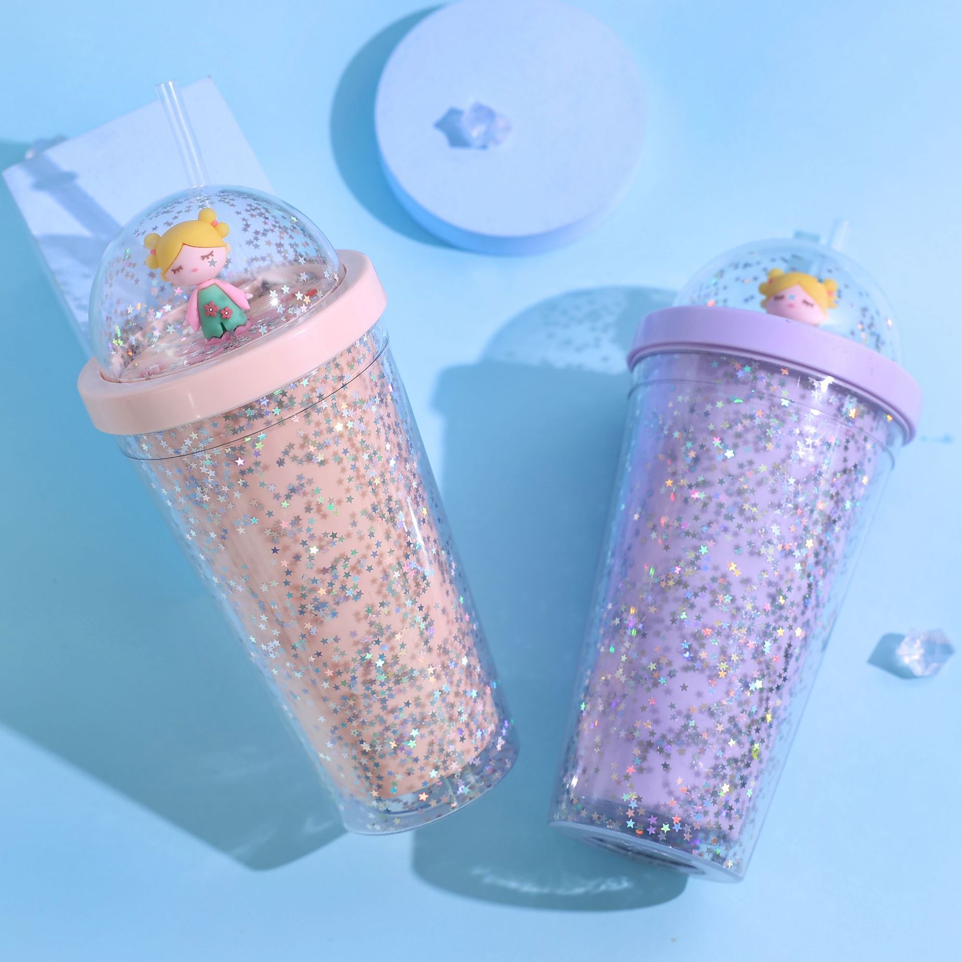 Good-looking Ice Cup Micro Landscape Sequins Plastic Cute Doll Water Cup Student Good-looking Portable Cold Drink Cup