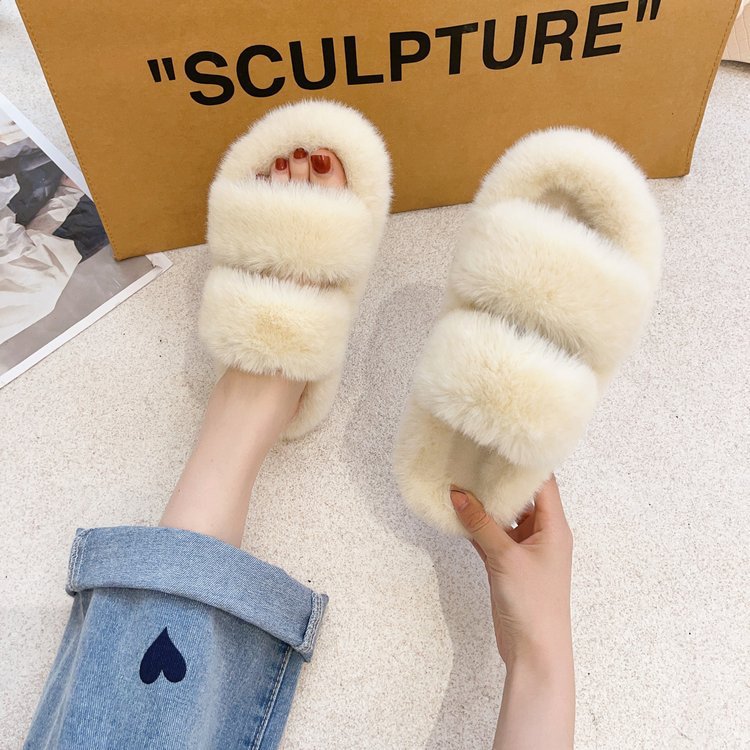 Autumn and Winter New Double Strap Fur Slipper Outdoor Fashion Casual Women's One-Word Cotton Slippers Flat Home 42 Plush Slippers
