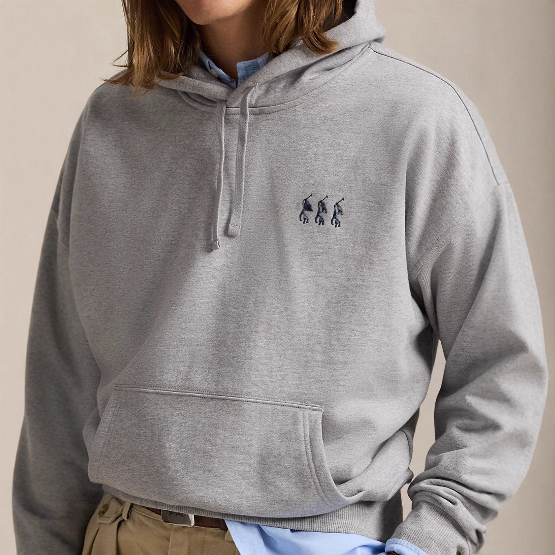 男女同款抽绳连帽卫衣情侣款大口袋套头衫刺绣简约宽松休闲上衣*