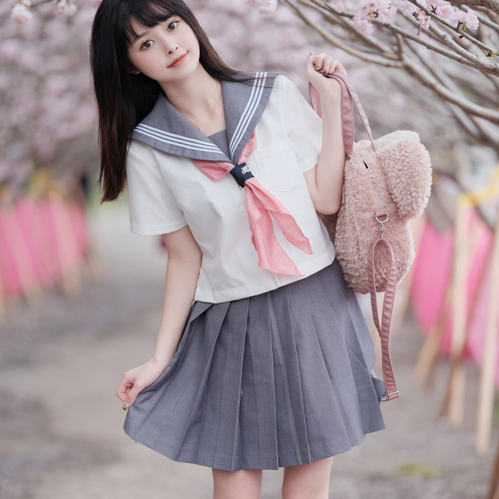 基础jk百褶裙灰领~白三本正统jk制服褶裙学生班服春夏水手服套装