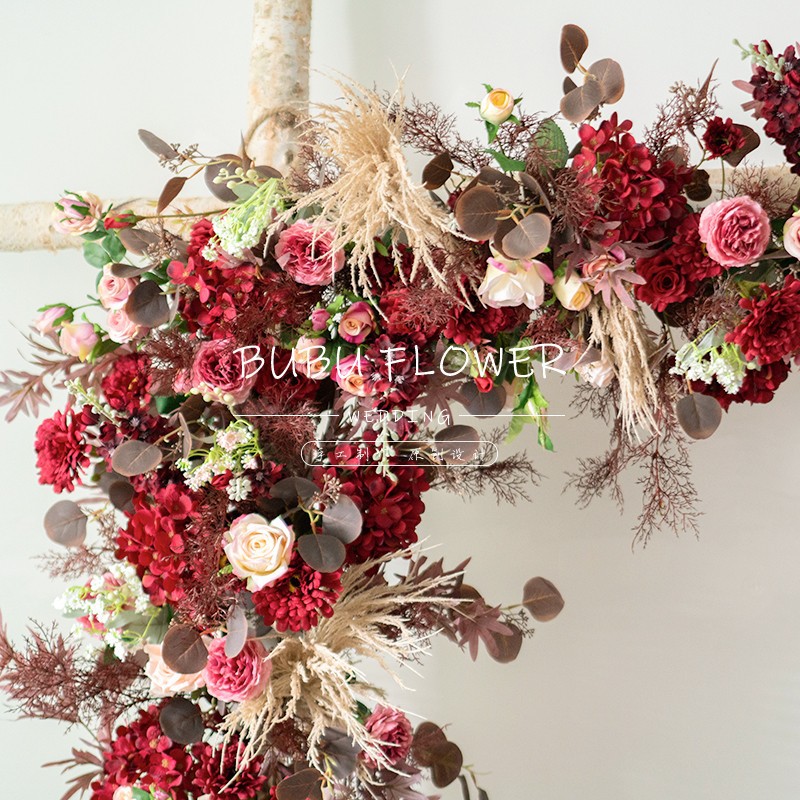 新款红色系拱门花艺花排桌花仿真花人造花婚庆道具婚礼舞台背景花