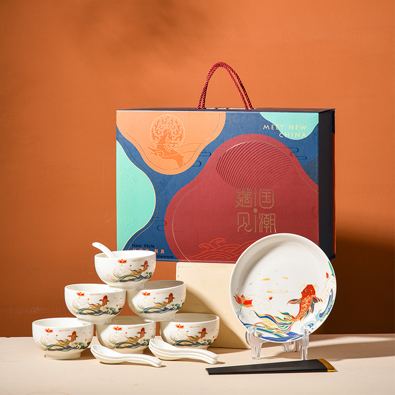 National Fashion Ceramic Tableware Dishware Set Fish Yue Longmen Bone China Bowl and Chopsticks Gift Box for Opening Ceremony