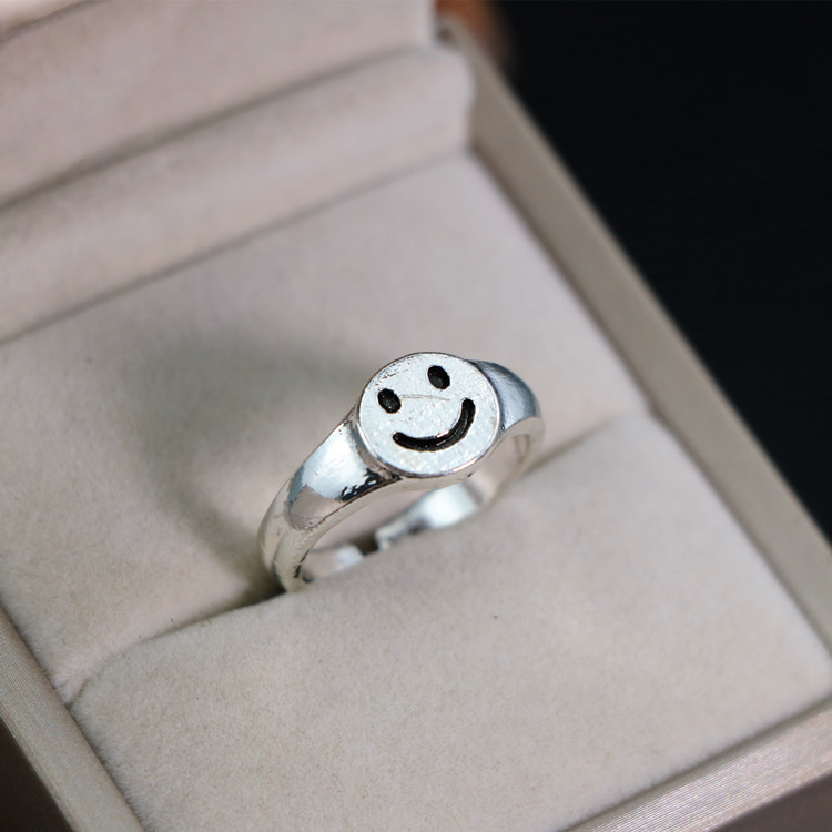 European and American Fashion Personalized Open Imitation Silver Ring Female Smiley Face Multi-Layer Ins Trendy Korean Retro Punk Simple Index Finger