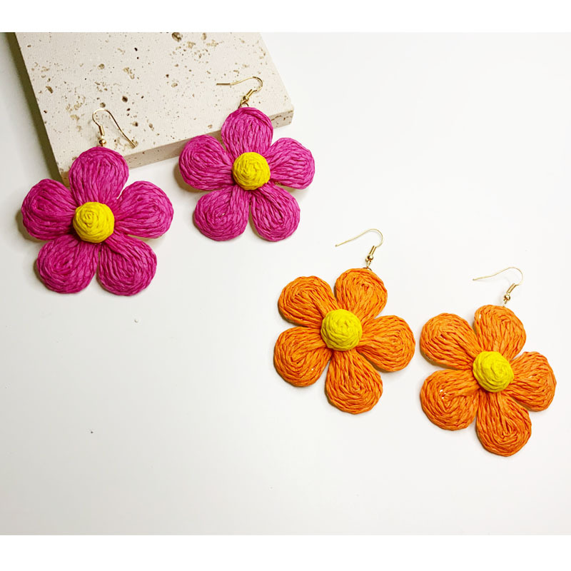 Cross-Border Hot Sale Raffia Earrings Summer Tropical Beach Bohemian Raffia Woven Flower Earrings for Women