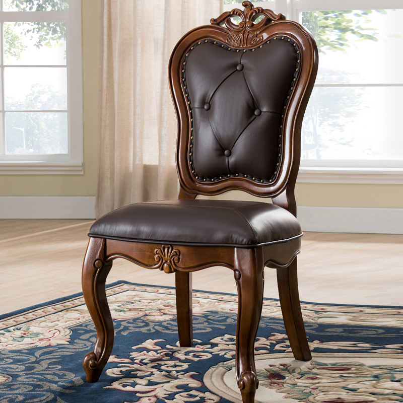 美式全实木餐桌椅扶手椅书房书椅欧式休闲椅牛皮靠背