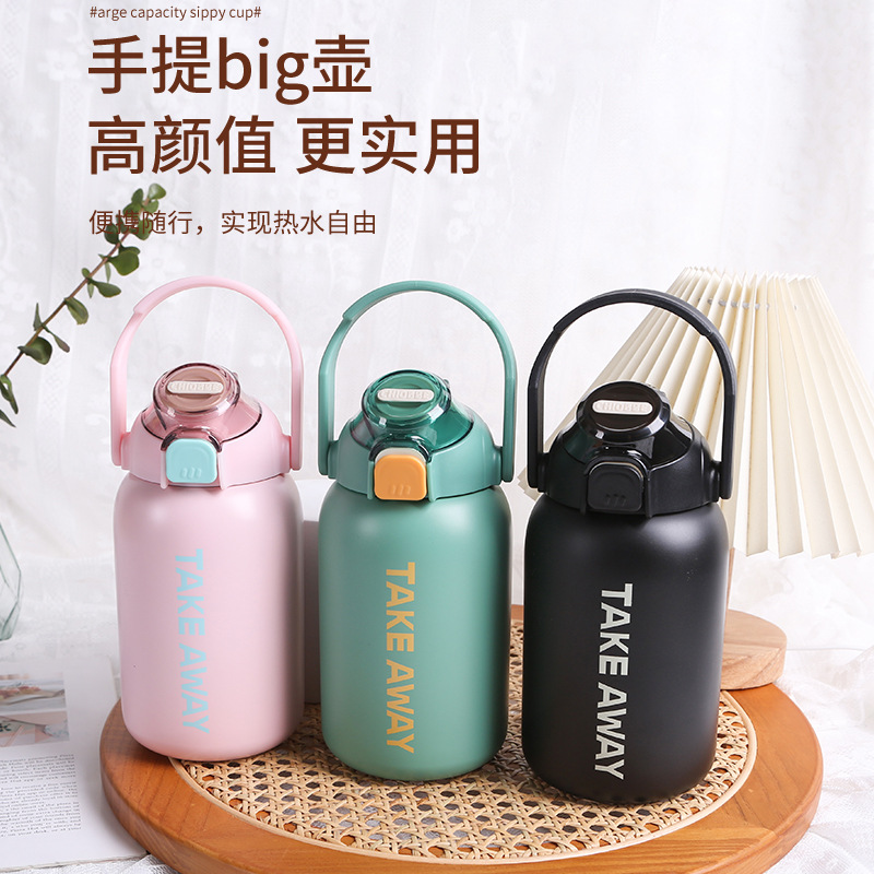 Portable Big Pot 850ml Large Capacity Stainless Steel Sports Kettle Student Insulation Bottle Straw Thermal Insulation Cup Lettering