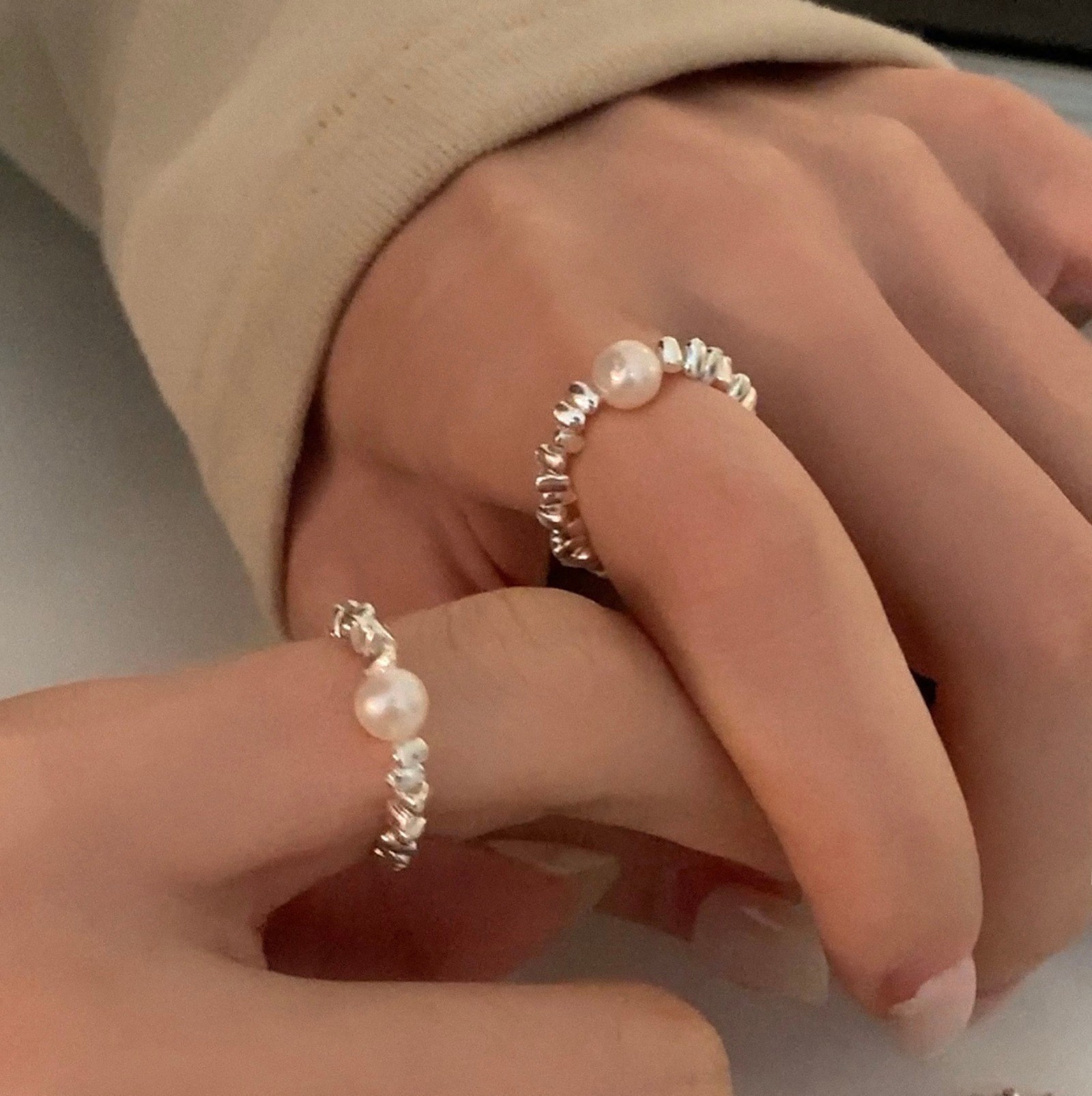 s925纯银碎银子天然珍珠戒指女简约小众设计感时尚个性食指戒素圈