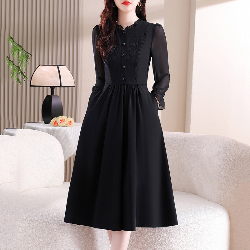 专柜正品真丝雪纺连衣裙女品牌气质立领纯色长裙气质桑蚕丝大摆裙