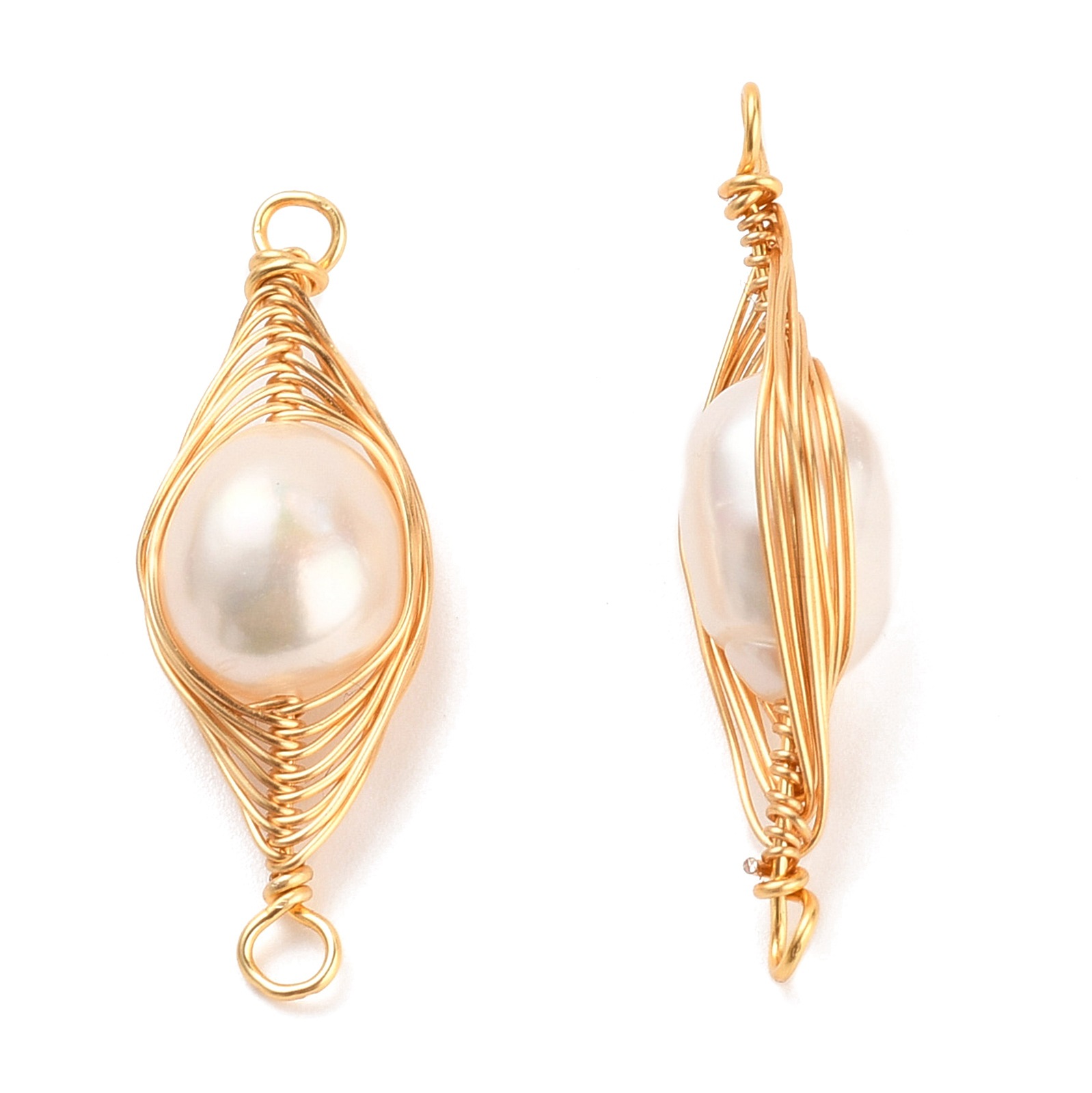 18k镀真金绕线天然巴洛克淡水贝壳珍珠戒面耳钉吊坠饰品材料配件