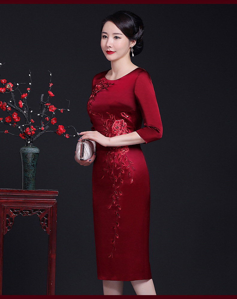 醋酸旗袍秋装2021新款婚礼妈妈礼服高贵年轻高端喜婆婆婚宴连衣裙