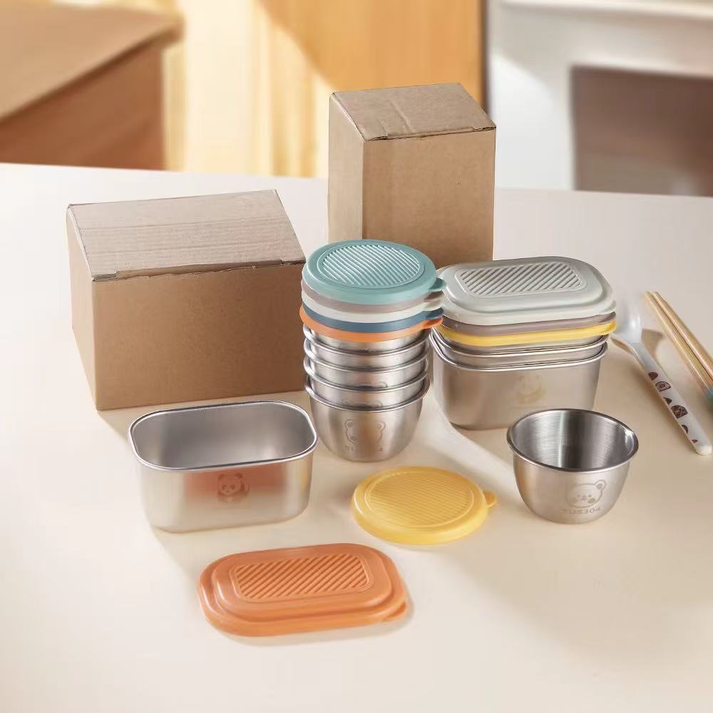 厨房卡通304不锈钢蘸料盒调味盒家用长方形小碟子带盖沙拉酱汁杯