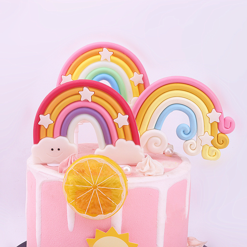新款软胶彩虹蛋糕插旗彩虹蛋糕装饰星星笑脸彩虹蛋糕插件烘焙装扮
