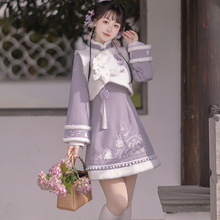 原创设计新款紫云兔汉服女汉元素马甲连衣裙套装秋冬8567两件套