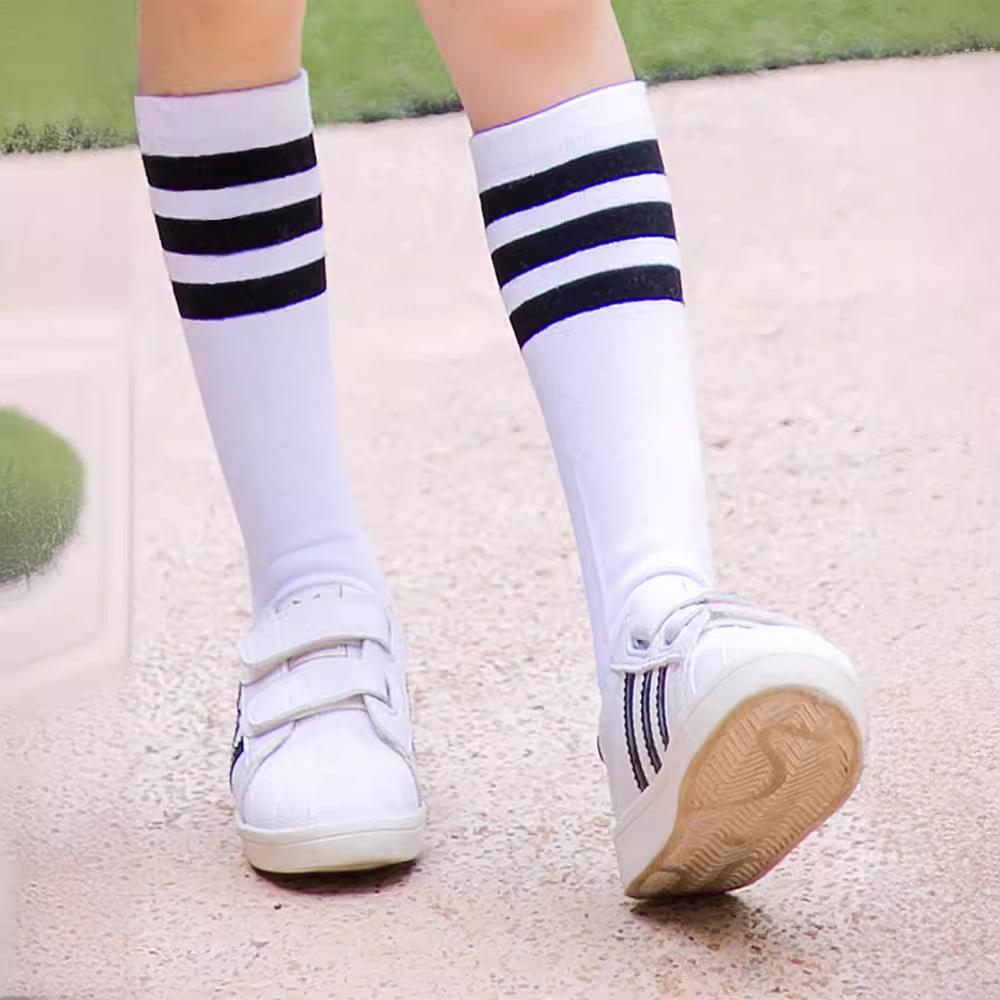 女童中长袜幼儿园校服袜 棉质过膝 透气黑白条纹学生中筒袜批发顶