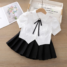 套装儿童女童宝宝学生白色二件套学生班服表演服衬衫半身裙短袖