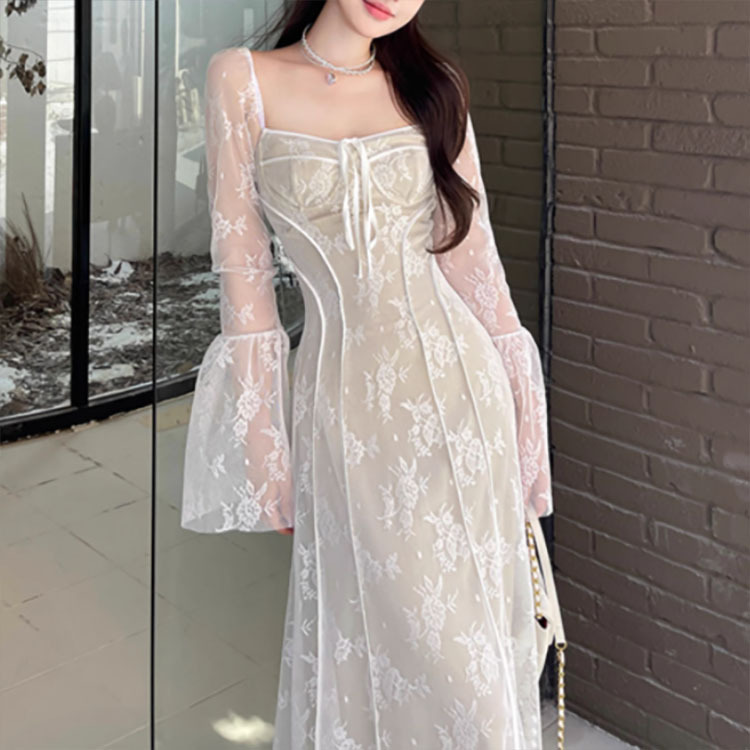 2024白雾清晨蕾丝拼接网纱透视连衣裙显瘦气质收腰法式长裙-阿里巴巴
