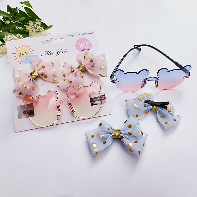 New Kid's Eyewear Barrettes Suit Stereo Bow Clip Girls Hair Accessories Colorful Transparent Sweet Mickey Sunglasses