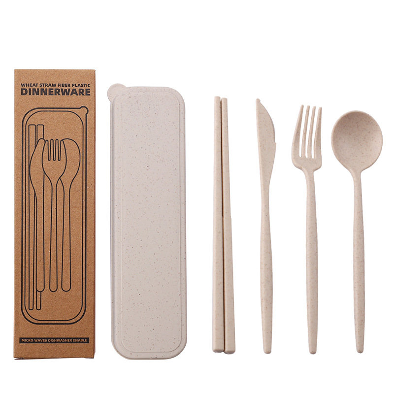 Amazon Wheat Straw Portuguese Knife and Fork Spoon Chopsticks Sets Student Outdoor Portable Case Tableware Four-Piece Set