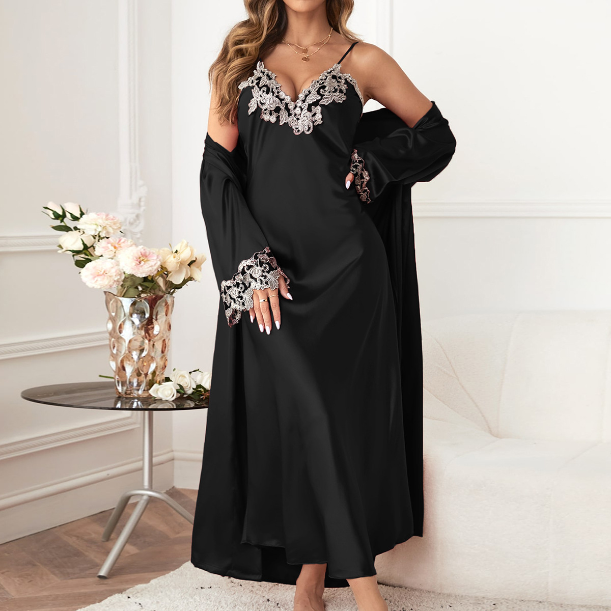 Spring and Autumn Sexy Embroidered Edge Suspender Skirt Outerwear Gown Two-Piece Set Women's Ice Silk Silk Long Dress Lace Bathrobe