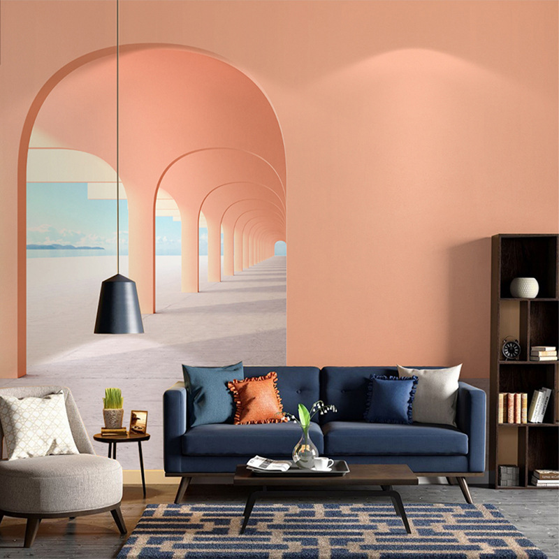 现代简约轻奢客厅沙发背景墙纸3d拱门墙布民宿卧室网红直播间壁纸