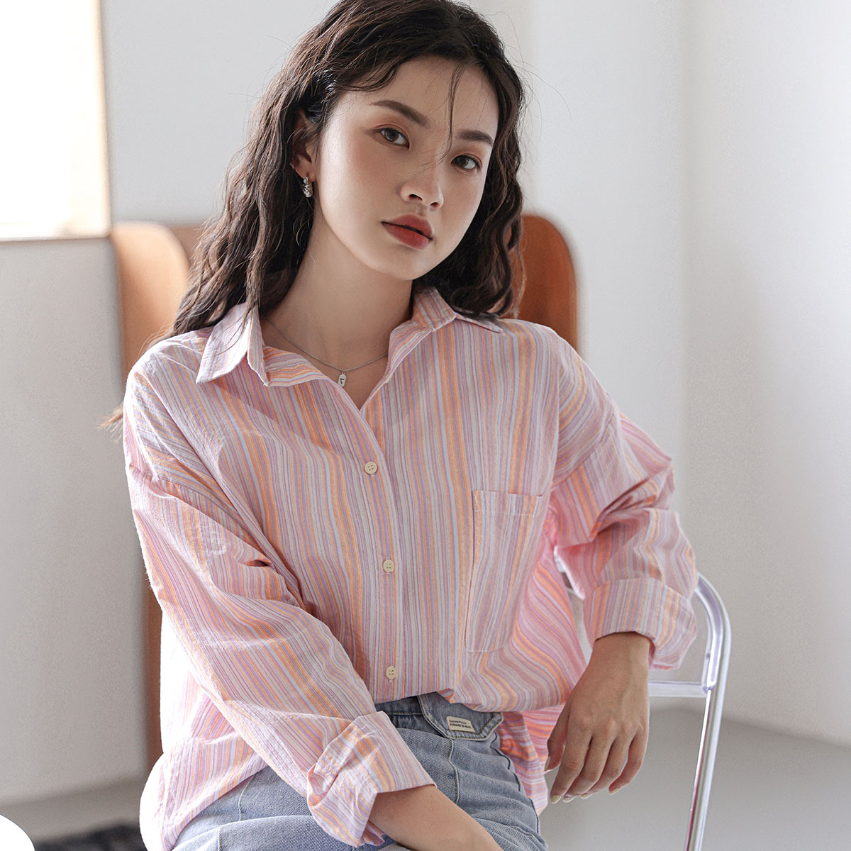 韩版宽松清新宽松彩色坚条纹衬衣衬衫女百搭显瘦bf风长袖上衣秋装