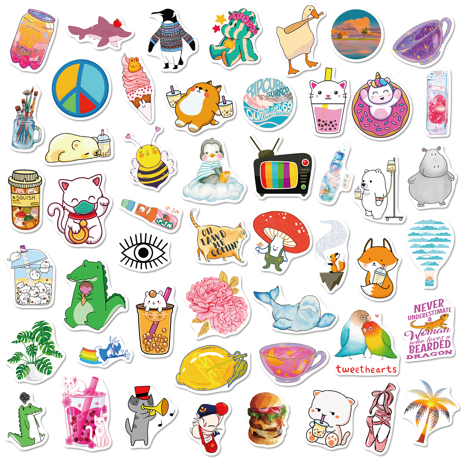 50张小清新贴纸 跨境外贸亚马逊水杯vsco girl手机文具儿童贴纸