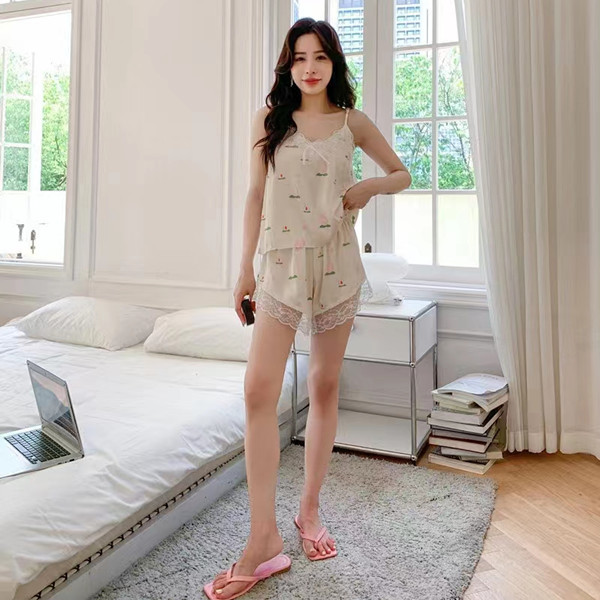 Ice Silk Pajamas Women's Summer Girl Pure Desire Suspender Shorts Homewear Suit Pajamas Women Pink Leopard Print Sexy